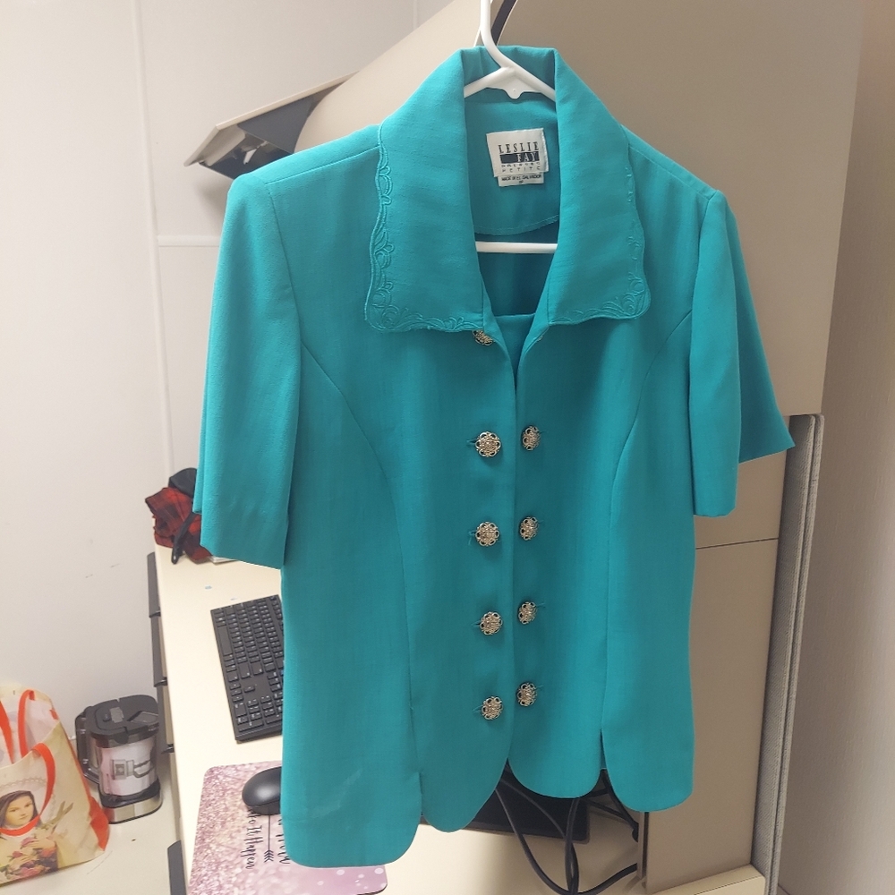 Leslie Fay Teal Blue Short-sleeve Suit Skirt Vintage 2 Piece Set, 8P